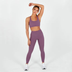 Conjunto de 2 piezas de cintura alta con logotipo personalizado OEM para mujer, gimnasio, Fitness, ropa activa, pantalones, conjuntos de Yoga transpirables sin costuras con patrón sólido - Product Image 5