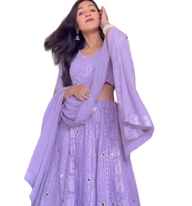 Designer indien Faux Georgette Sequin Broderie Travail Lehenga Choli Dupatta Readymade Bollywood Party Wear Outfit pour adultes - Product Image 1