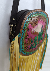 Sac bandoulière artisanal en cuir véritable style western avec franges, imprimé floral cactus du désert, écologique, léger, à sangle unique, style bohème - Product Image 3