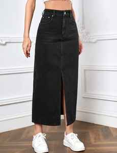 ผู้ผลิตเสื้อผ้าขายส่งผู้หญิงสาวกางเกงยีนส์ผ้าฝ้ายขายร้อนแฟชั่นSlitกระโปรงยีนส์ที่กําหนดเองMidiกางเกงยีนส์เอวยางยืด - Product Image 4