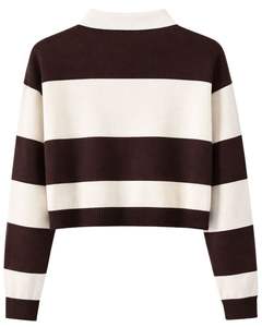 Womens <b>Brown</b> And White Striped Cropped Polo Sweater <b>Long</b> <b>Sleeve</b> Ribbed Hem Button Placket Casual Winter Knit <b>Top</b> Pullover Styles - Product Image 2