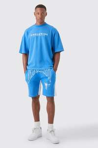 Ensemble T-shirt et short brodés surdimensionné Boxy au point contrasté vêtements pour hommes ensemble jumeau d'été ensemble d'entraînement de gymnastique assorti de haute qualité - Product Image 4