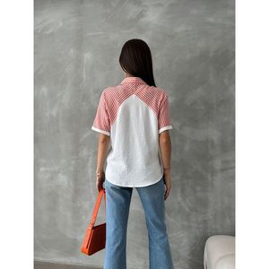 Camisa Blusa Casual de Lino y Mezcla de Algodón y Poliéster con Rayas Naranjas y Hombros Caídos Topshow para Mujer, Venta al por Mayor, Disponible para Pedidos al por Mayor - Product Image 5
