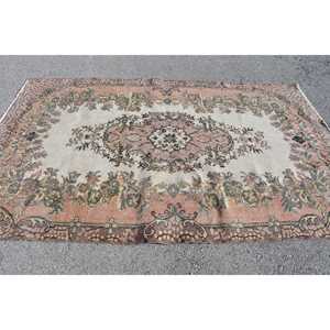 Vintage Turkish Rug 5.4x8.8 ft <b>Brown</b> Pink Oriental <b>Wool</b> Eco-Friendly Patchwork Rug with Latex Backing - Product Image 3