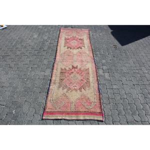 Vintage 3.1x10 ft Rug, Herki Turkish Rug, <b>Red</b> Floral Rug <b>Wool</b> - Product Image 1