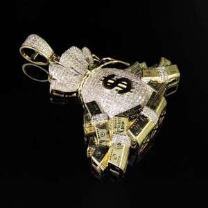 Pendentif sac à argent glacé 1 Ct en moissanite taillée en or jaune 14K, bijoux hip-hop pour rappeur, matériau en laiton diamanté, pendentifs et breloques raffinés - Product Image 1