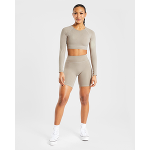 Meilleure vente en sourdine Taupe femmes agrafe manches longues haut court 4 voies Stretch Super doux léger entraînement haut court t-shirts pour les femmes - Product Image 5