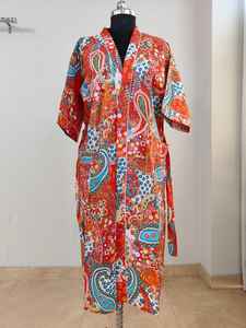 Robe kimono d'été pour femme, 100% coton, col en V, manches courtes, longueur totale, imprimé floral indien, lavable en machine, décontractée, classique - Product Image 6
