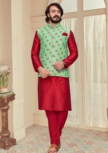 Kurta Payjama en soie pour hommes, vêtements de fête traditionnels indiens avec veste imprimée, meilleure qualité en fournisseur indien - Product Image 2