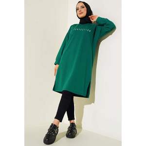 Túnica de gasa satinada verde esmeralda con logotipo bordado vintage Estilo corto informal para oficina o fiesta-Disponible en talla XL - Product Image 3