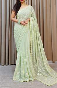 Sari de Seda Georgette de Diseño Moderno con Bordado Pesado, Lentejuelas y Diamantes para Mujer, para Fiestas y Festivales, por Fab Zone - Product Image 4