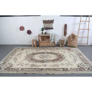 Alfombra Turca, Alfombra Vintage Grande de 5.9x10.1 pies, Alfombra Floral Marrón y Blanca - Product Image 3