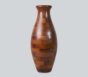 Vase de sol décoratif en bois de manguier naturel artisanal de luxe avec un motif unique de patchwork en mosaïque à corps large et élégant incurvé - Product Image 5