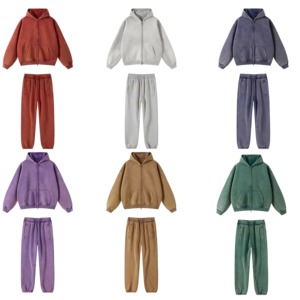 Custom Embroidery Logo Winter Streetwear Breathable Acid Washed Distressed 400g Tracksuits 100% Cotton Patch <b>Sweatpants</b> <b>Set</b> Men - Product Image 6