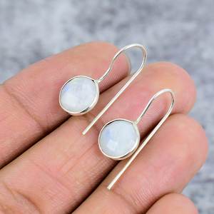 Boucles d'oreilles en argent sterling 925 pour femmes en forme de pierre de lune arc-en-ciel Boucles d'oreilles en fil de pierre précieuse à la mode pour les fêtes Idée cadeau! - Product Image 3