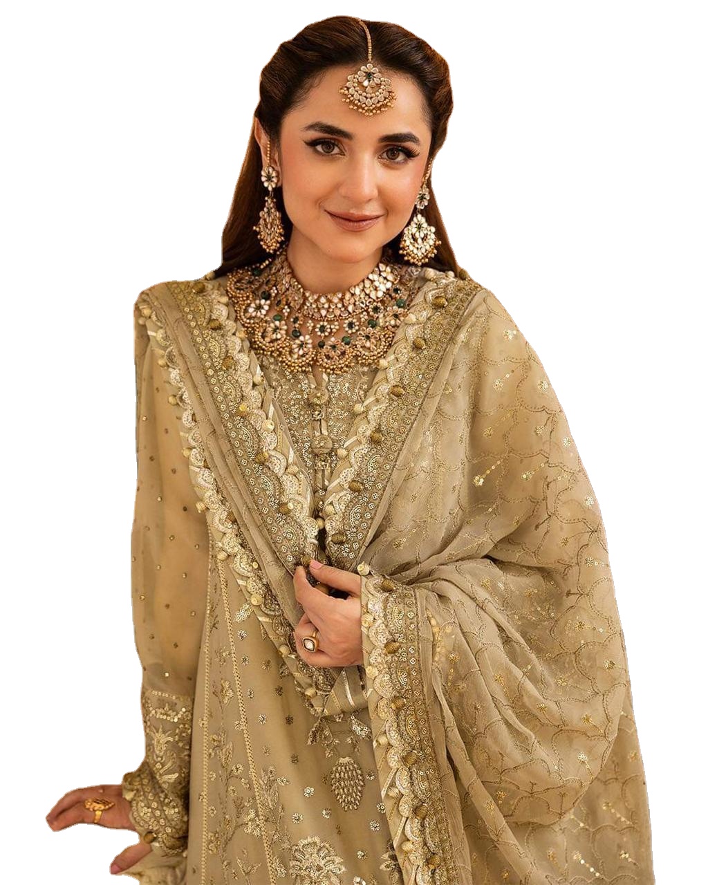 slim fit dress slacks Gold Pakistani Bridal Dress in Gown and Lehenga Veil Dupatta Style – UY  Collection main image 0