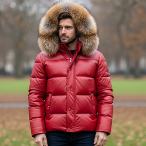 Blouson matelassé en cuir rouge avec capuche en fourrure de renard brun, veste décontractée respirante pour homme, été - Product Image 4