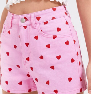 Prix usine nouveau Style 2025 rose Shorts coeur imprimé Sexy évider bouton braguette taille haute grande taille Denim Shorts pour les femmes - Product Image 3