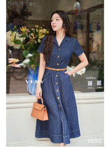 Haute qualité nouvelle mode femmes Midi Denim robe Simple ceinture mince Style décontracté fait Vietnam été saison taille naturelle - Product Image 2