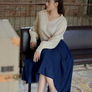 Jupe longue élégante décontractée en lin rayonne pour femmes XS taille haute respirante avec motif naturel teint uni - Product Image 1