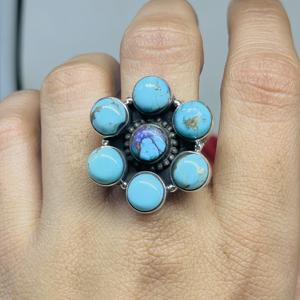 Bague Turquoise tibétaine 925 bague en argent Sterling bagues réglables bague de déclaration à la main bijoux en pierres précieuses Turquoise tibétain - Product Image 2