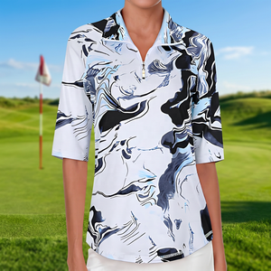 Polo imprimé à manches trois quarts pour femme, séchage rapide, style décontracté, motif blanc, bleu, noir, en polyester tissé - Product Image 4