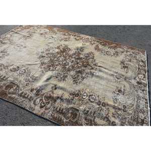 Turkish Vintage Rug, 6.6x9.3 ft Rug, <b>Brown</b> White Striped <b>Wool</b> Rug - Product Image 2