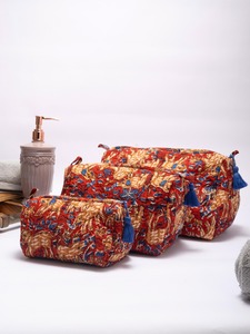 Set 3 Red Eco-Friendly Cotton Quilted Vintage Case Hand Block Printed Travel Accessory Cosmetic Organizer <b>Zipper</b> Closure Large - Product Image 5