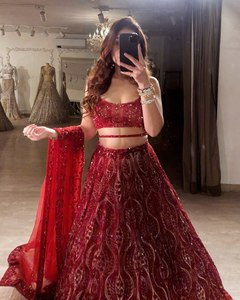 การถักลายสีแดง lahenga choli dupatta เสื้องานปักหินไข่มุกสำหรับเจ้าสาว lahenga choli ราคาขายส่ง - Product Image 3