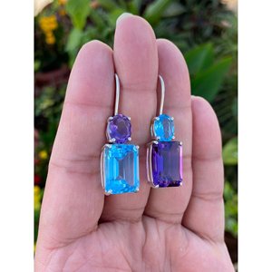 Pendientes Colgantes de Plata 925 con Topacio Azul y Amatista, Geométricos, Chapados en Oro Rosa, con Esmeralda, Perla y Diamante como Piedras Principales, para Bodas y Fiestas - Product Image 2