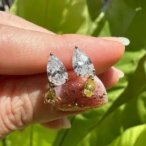 银宝石耳环两颗宝石实验室种植钻石耳环3.20 Ctw梨切割黄色手工周年礼物结婚耳环