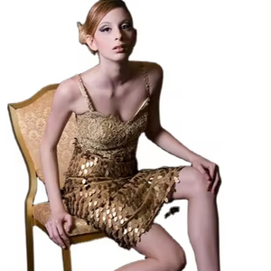 Verified Supplier Knee Length Gold Dress V-Neck Design & Elegant Evening  Style | Alibaba.com