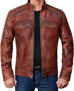 Blouson en cuir pour homme, style motard, le plus vendu, manches longues, en toile enduite, avec fermeture éclair, col montant, teint uni, hiver - Product Image 4