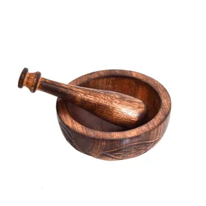 Eco Friendly Round Bamboo Wood Pestle And Mortar Handmade Grinder Kitchen Cooking Tool At Affordable Price