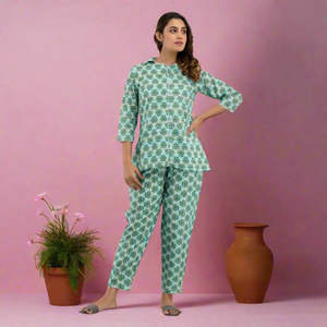 Women's Casual Cotton Floral Print Night <b>Suit</b> Sea Green with Custom Logo Button Closure Soft Woven Fabric for Bridesmaids - Product Image 1