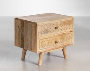 Mesita de noche de madera de mango estilo casa de campo, hecha a mano, con tallado vintage y almacenamiento, ensamblada, hecha en Rajasthan. - Product Image 3