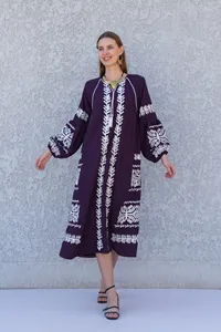 Prix le plus bas bohème 100% coton Maxi robe Vintage lourde broderie travail à manches longues ukrainien Wrap mi-longueur dames robe - Product Image 4