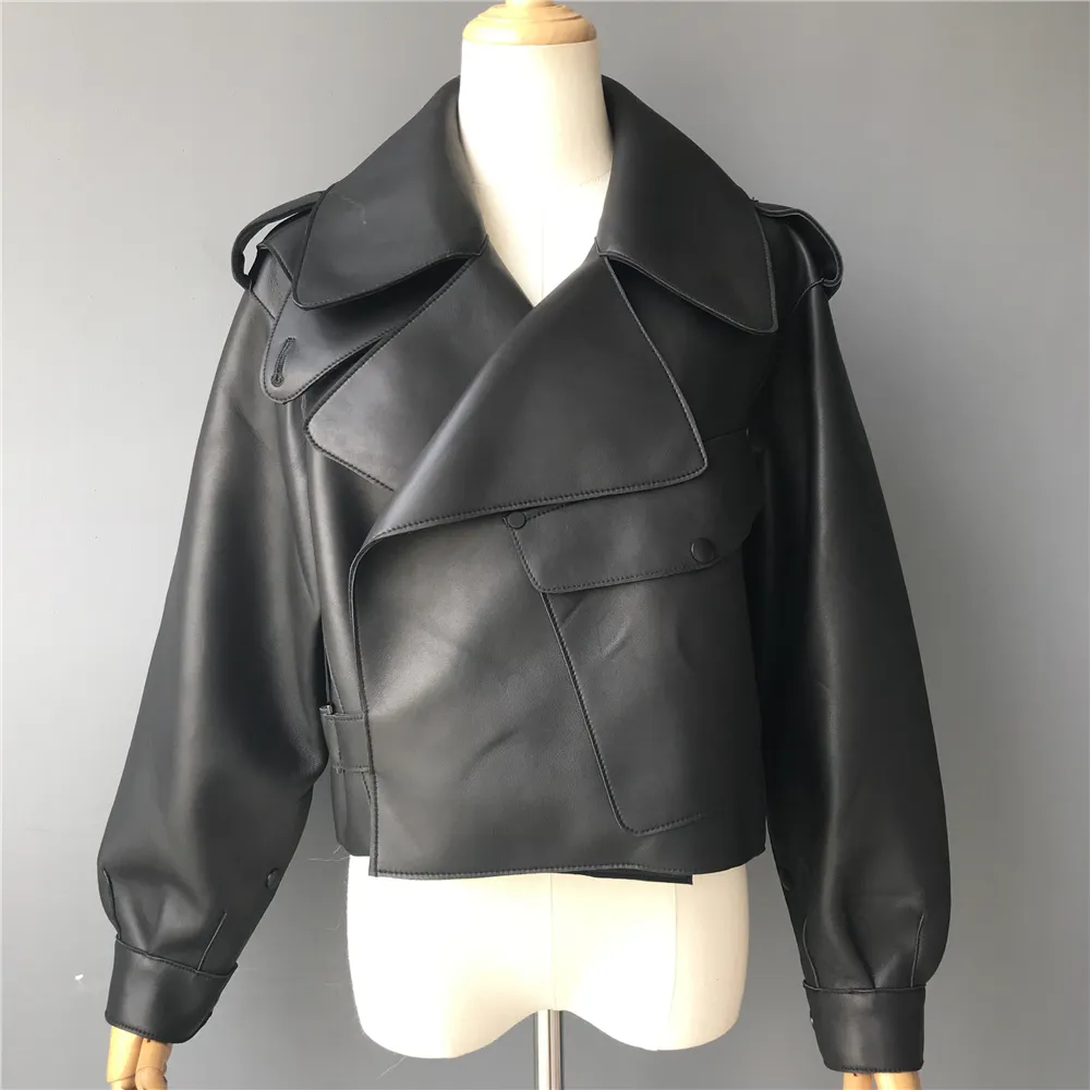 2024 winter clothes women's leather short slim-fit custom collar women's motorcycle jacket washed small leather coat
