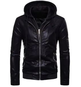 Vêtements pour hommes Veste en cuir Veste en cuir à capuche de couleur pure pour homme avec logo personnalisé - Product Image 1