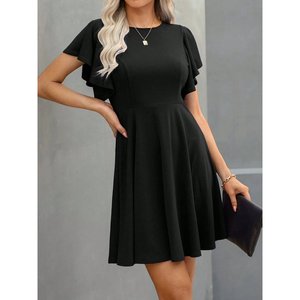 Robe courte en crêpe à col rond et manches courtes pour femme, 30884 - Noir - Product Image 3