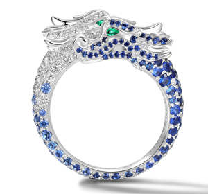 Luxury Dragon Design Sapphire & <b>Emerald</b> Accent Diamond <b>Ring</b> in Rhodium Plated Sterling <b>Silver</b> - Product Image 4