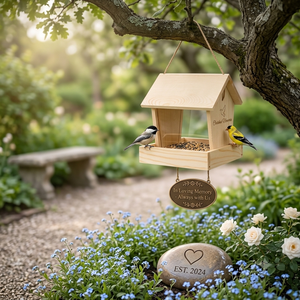 Personalized Wooden Bird Feeder with Engraved Plaque and <b>Memorial</b> <b>Stone</b> Garden Decoration Hanging Outdoor Natural Wood - Product Image 1