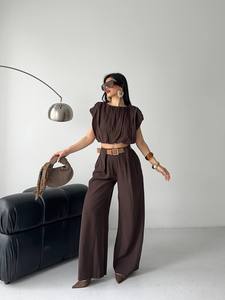 Ensemble deux pièces pour femme, haut sans manches en crêpe avec détail plissé et pantalon taille haute, marron uni, tenue décontractée printemps-été - Product Image 2