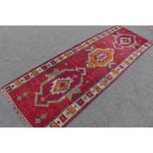 2.8x8.4 ft <b>Runner</b> Vintage Rug, <b>Red</b> Floral Turkish Rug - Product Image 1
