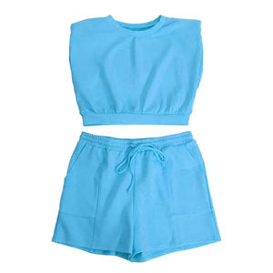 Ensemble court tendance et décontracté de haute qualité, respirant, 100% coton, nouveautés pour femmes, épaules tombantes, uni - Product Image 1