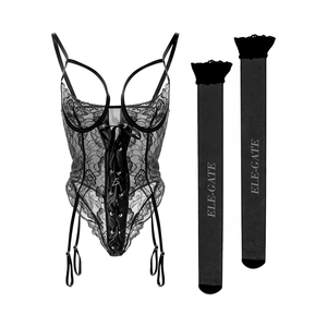 Corsé de encaje con cordón ajustable frontal, liguero y medias elegantes - Product Image 4