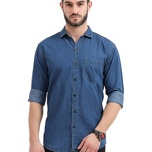 Wholesale OEM Custom <b>Mens</b> Blue Acid Wash <b>Denim</b> <b>Shirt</b> Full Sleeve Button Closure Regular Fit Stand Collar Breathable Workwear - Product Image 2