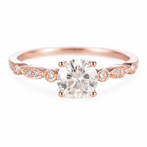 Anillo de compromiso y boda de oro rosa puro de 10K con banda milgrain, diamante de laboratorio redondo de 6.5 mm, color DEF, claridad VS-VVS, delicado, para mujer - Product Image 1