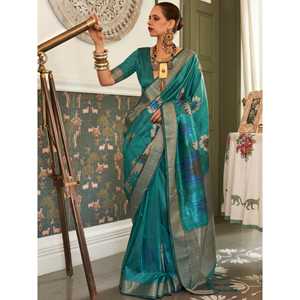 Sari en soie tissée bleu sarcelle cultivé, pour les festivals, accessoire de performance - Product Image 1