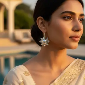 Boucles d'oreilles pendantes en argent 925 pour femmes, jolies boucles d'oreilles pendantes en forme de fleur avec perle d'eau douce, améthyste, émeraude, diamant - Product Image 2